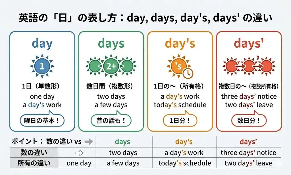 day、days、day's、days'の違いは？