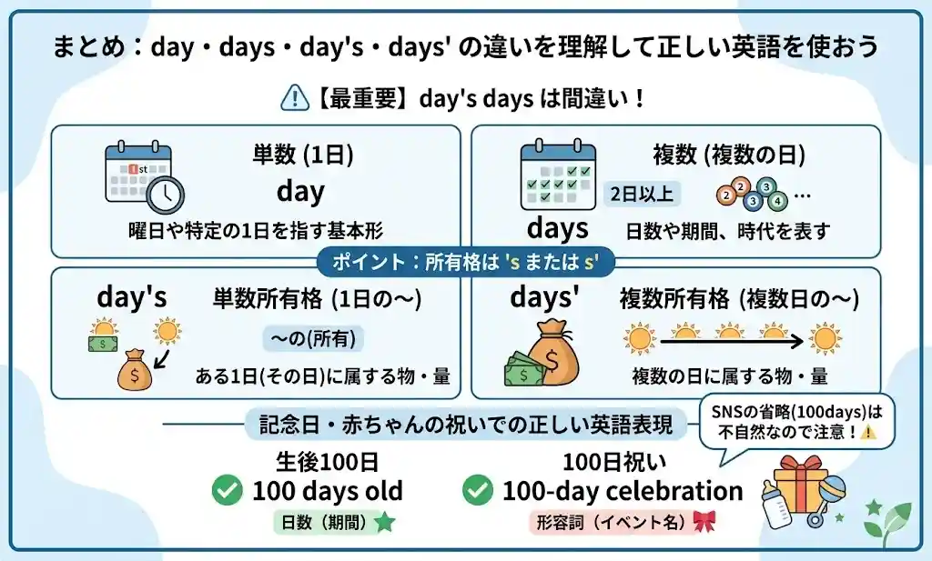 まとめ：day・days・day's・days' の違いを理解して正しい英語を使おう