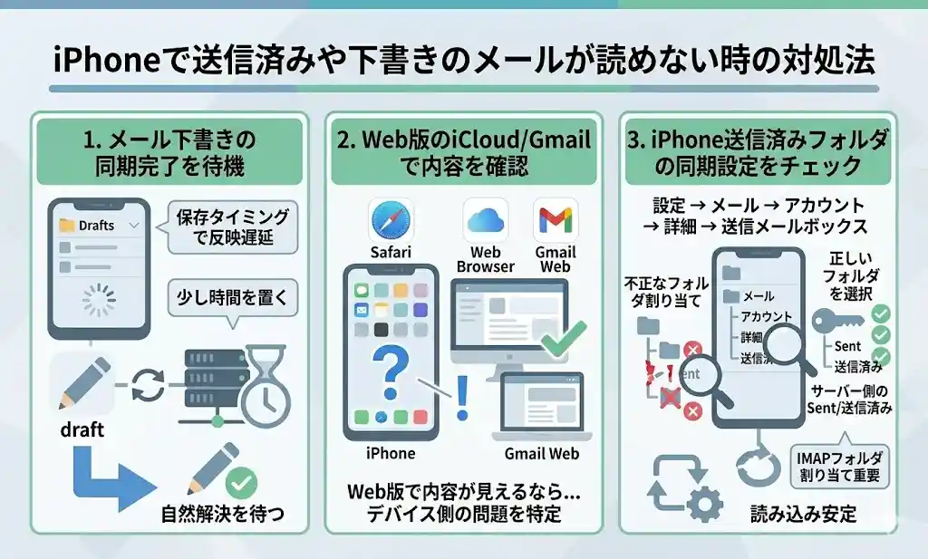 送信済みや下書きのメールが読めない時は？