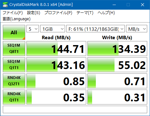 スライディング裸族で外付けしたHDDのCrystalDiskMark - しょぼん