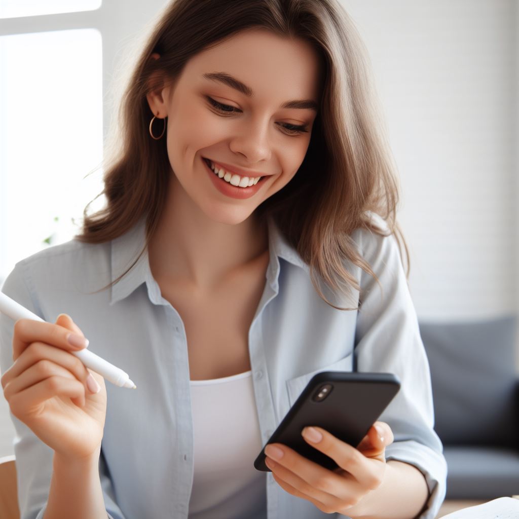 マーカー片手にスマホを見る女性