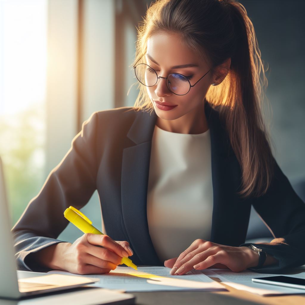 書類にマーカーを引く女性