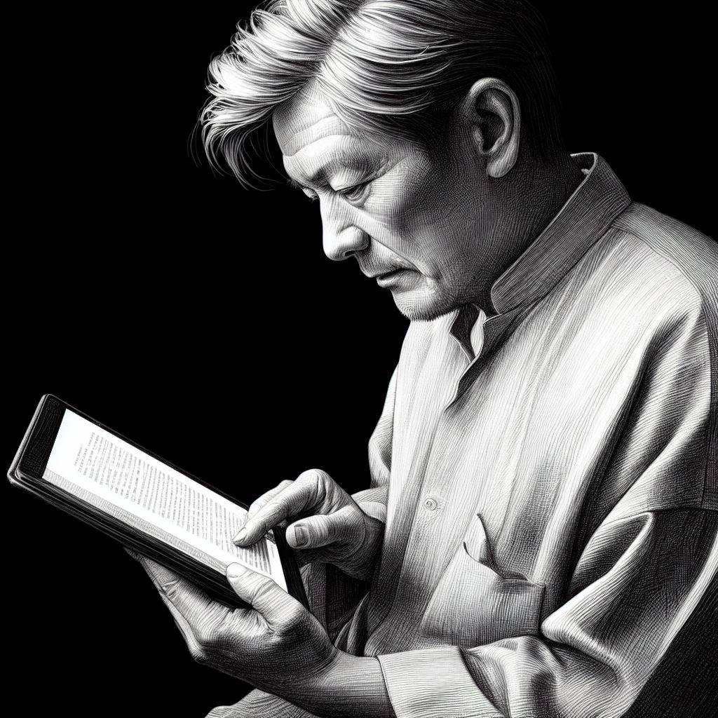 電子書籍リーダーで本を読む年配の日本人男性