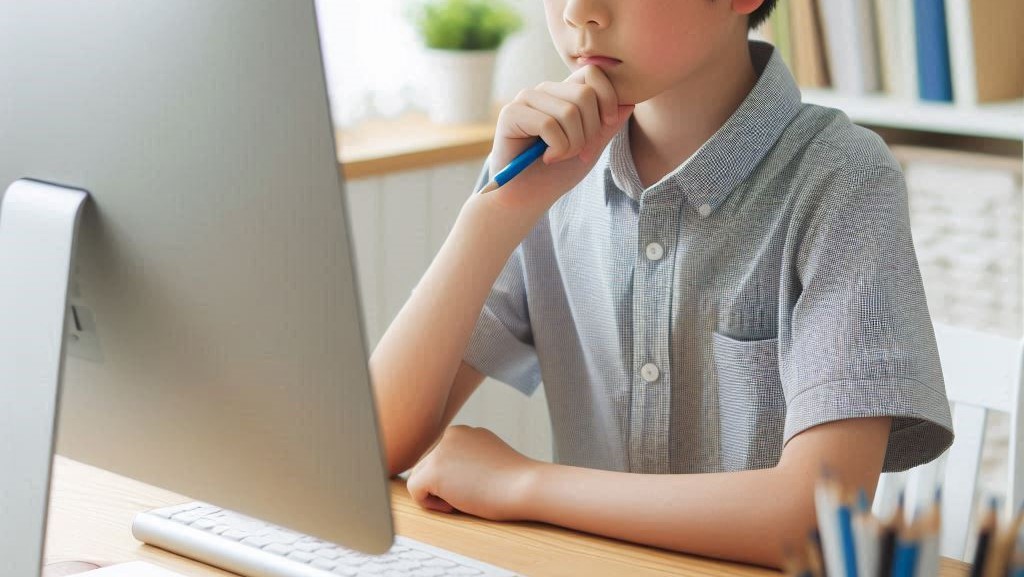 PCの前で悩む少年