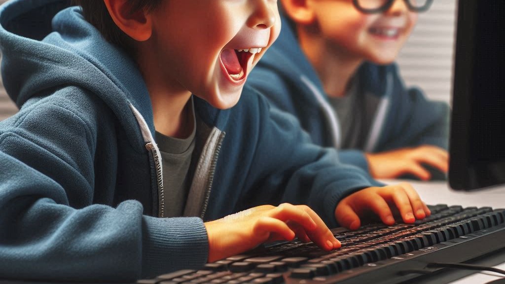 PCの前で喜ぶ少年