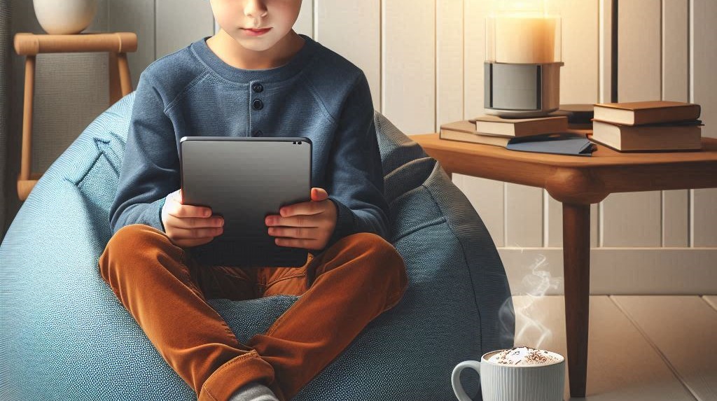 電子書籍で読書する少年