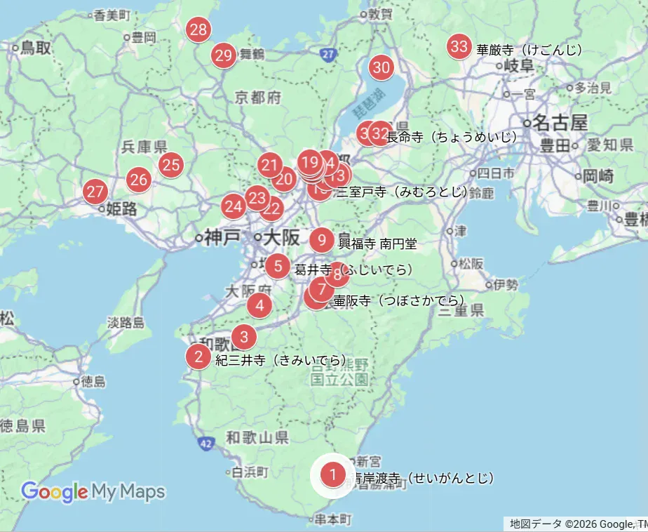  近畿2府4県と岐阜県に点在する西国三十三所の全札所プロット図（日本遺産認定）