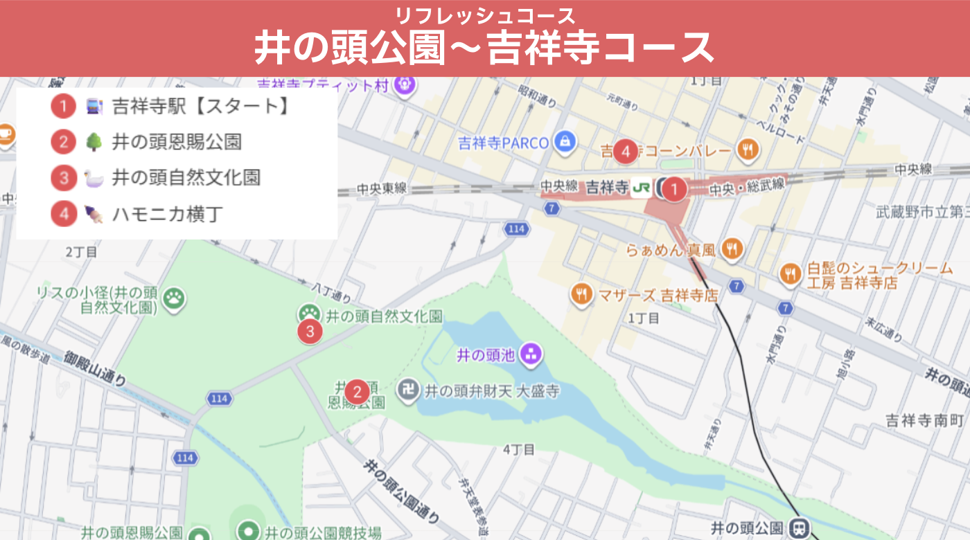 吉祥寺駅から井の頭恩賜公園、井の頭自然文化園、ハモニカ横丁を巡る井の頭公園～吉祥寺コースのマップ