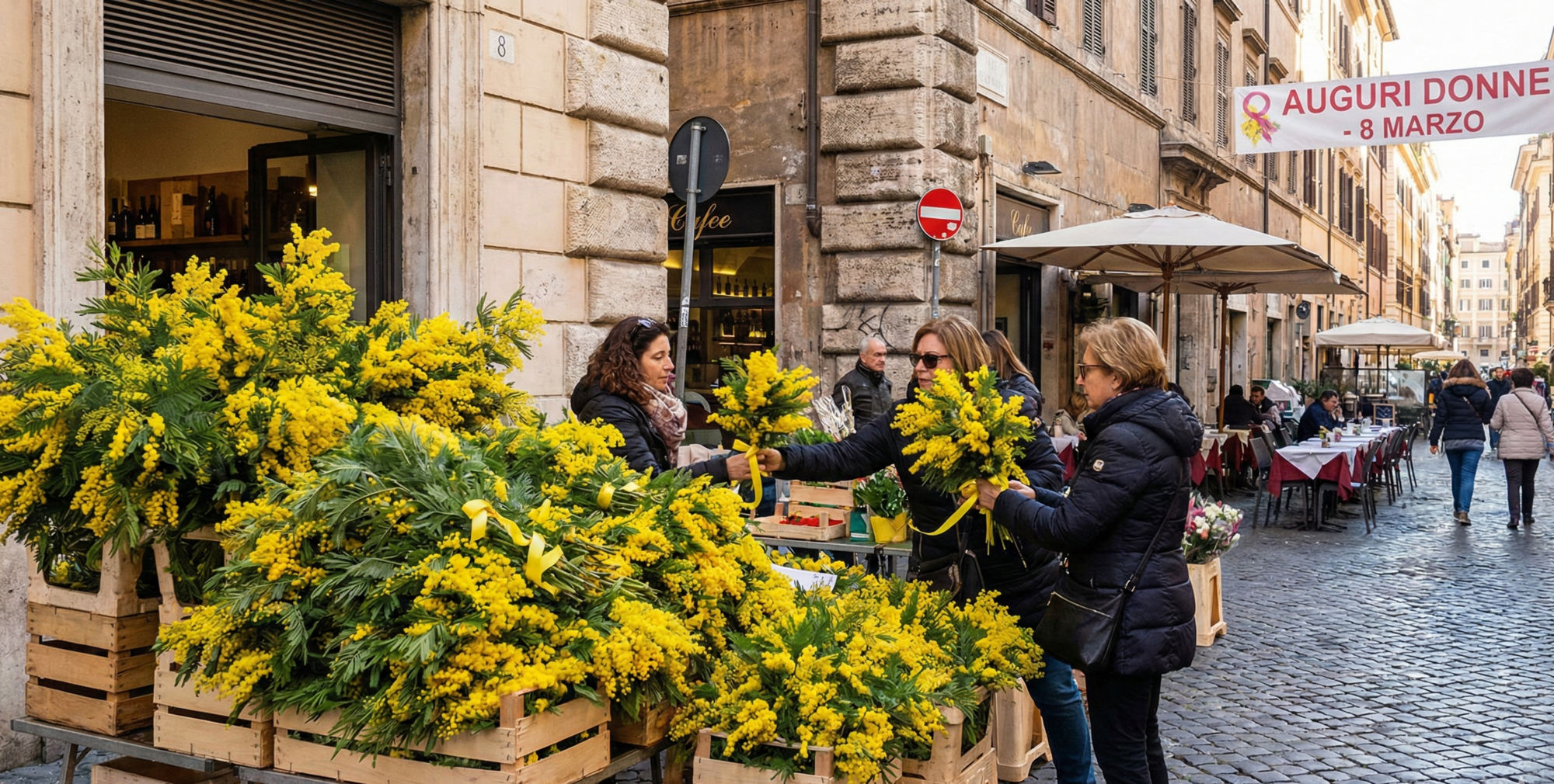 イタリアの街角に並ぶミモザの花束。3月8日のミモザの日に贈られる