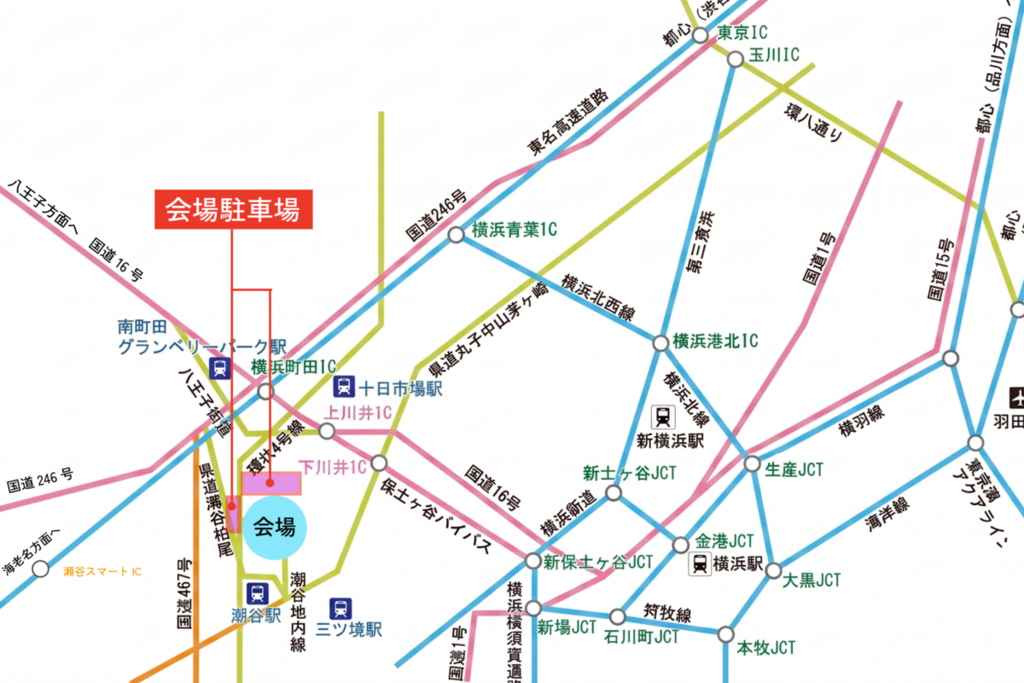 横浜花博（GREEN×EXPO 2027）会場までの自動車交通アクセスマップ。東名高速道路の横浜町田IC、国道16号保土ヶ谷バイパスの上川井ICが最寄り。国道246号、八王子街道、環状4号線などの主要道路を示した図