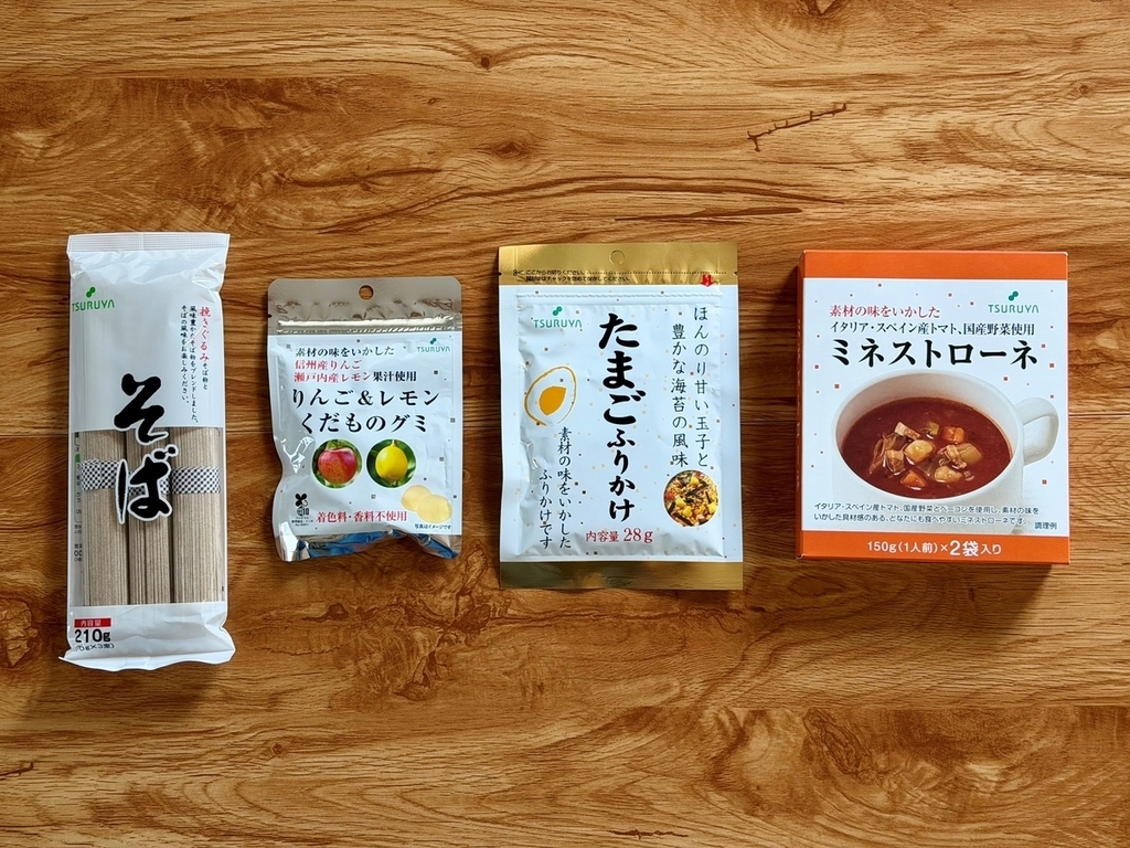 ツルヤのそば・グミ・ふりかけ・ミネストローネ