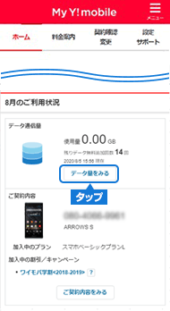 3.ホーム画面中央部にあるデータ通信量の「データ量をみる」を選ぶと確認できます