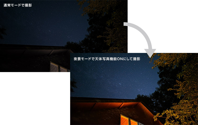 通常モードで撮影、夜景モードで天体写真機能ONにして撮影