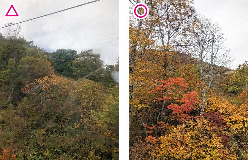 ①スマホを窓からはなして撮った例。窓の反射や傷が写ってしまう/②窓にくっつけて撮影した例