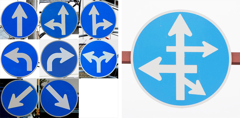 (左)一般的な矢印標識 (右)異形矢印