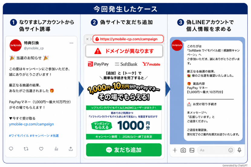 公式の案内のように見せかけて、偽サイトや偽アカウントへ誘導する手口