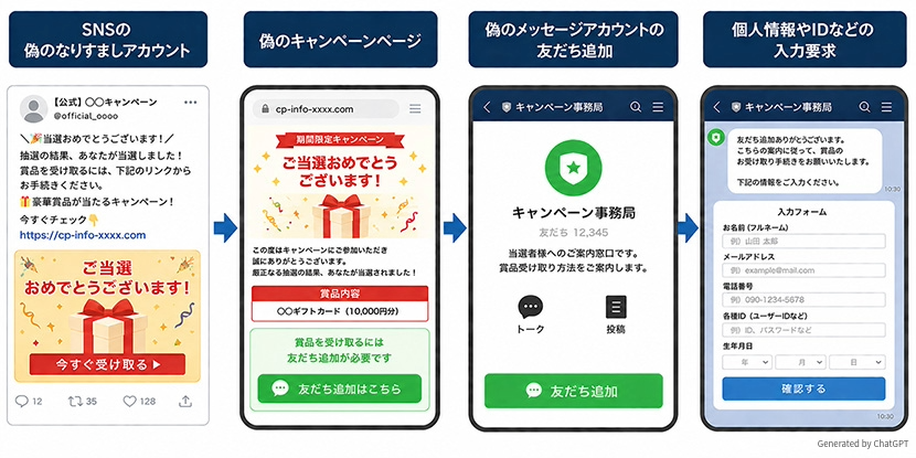 公式の案内のように見せかけて、偽サイトや偽アカウントへ誘導する手口