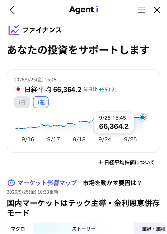 「ファイナンス」エージェントの日経平均株価を確認する画面