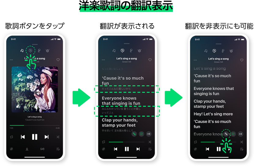 ④洋楽の歌詞は翻訳機能付き
