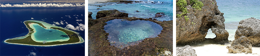 タヒチのツパイ島（左）、奄美大島のハートロック（中）、宮古島のイキヅービーチ（右）