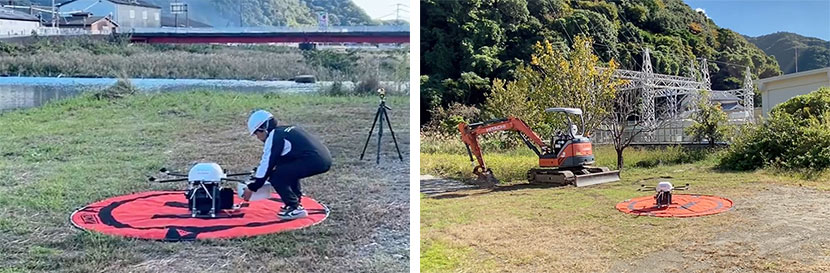 町内のあちこちにドローンの離着陸場所が設置されている。弁当を積み込む様子と（左）と依頼者宅の近くに到着したところ（右）
