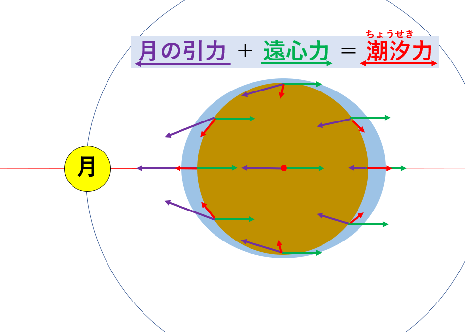 月の引力と遠心力を合わせると、潮汐力になる