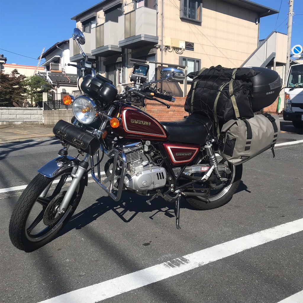 Gn125 2f サイドバッグ装着 キャンプ道具ガチ積み計画 風来爺のリターン日記