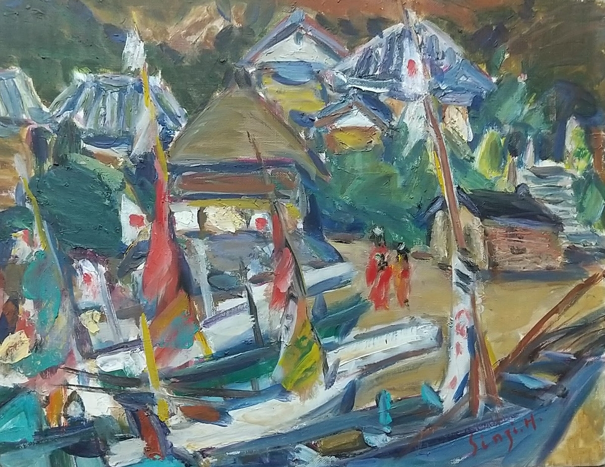 週末限定ンセール 油絵 '68 浜の正月」F10 絵画 国旗 日の丸 日本 油彩画 絵画