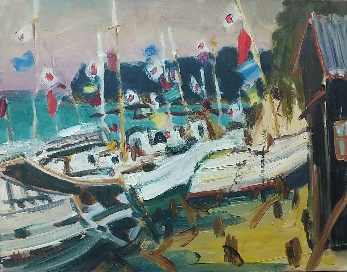 数々の賞を受賞 浜の正月」F10 国旗 日の丸 日本 油彩画 絵画 油絵 '68 絵画