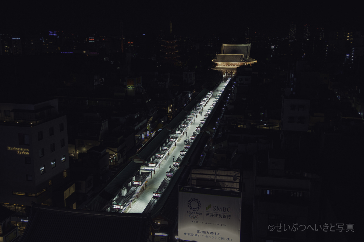都心の夜は明るい 夜の浅草寺 せいぶつへいきと写真