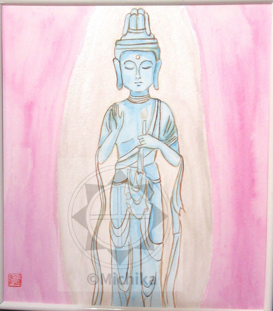 軸 開運 絵 滋賀 琵琶湖 神 竹生島 観音 弁才天 弘法大師 日本 美術 絵画「琵琶湖・竹生島の観音様」二枚（水彩画・アクリル画） - 「心の