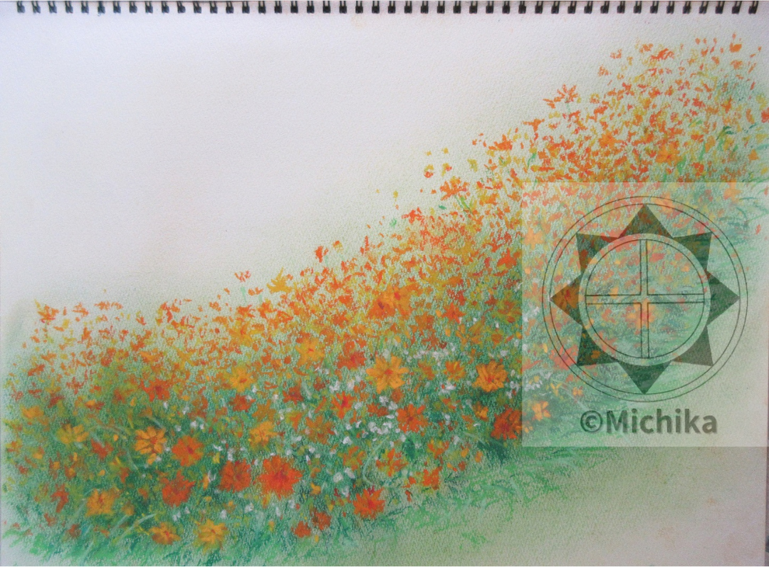 植物の絵（風景画）「コスモス」三点（アクリル・パステル・水彩