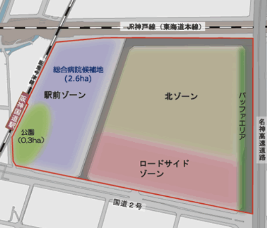 アサヒビール西宮工場跡地についての今西市長メッセージの計画図 アサヒビール西宮工場跡地再開発の計画図