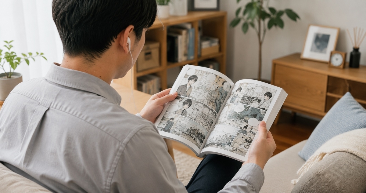 漫画を読む男性