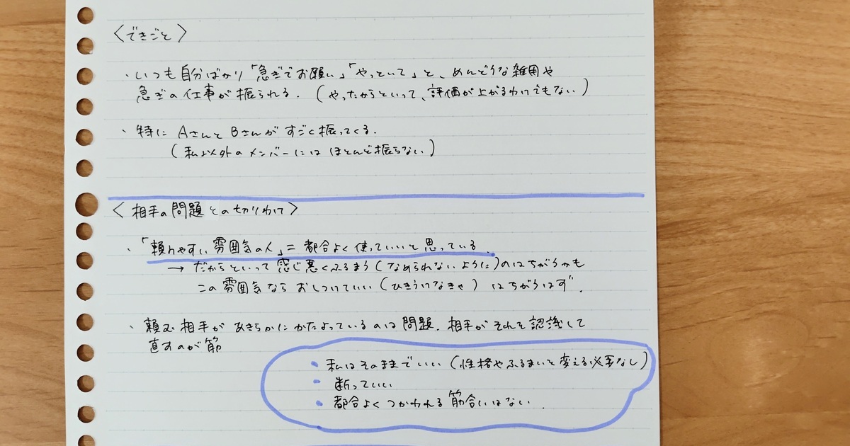 ノートを横線で3つのエリアに区切り、一番上に出来事を書き出した手書きの実例