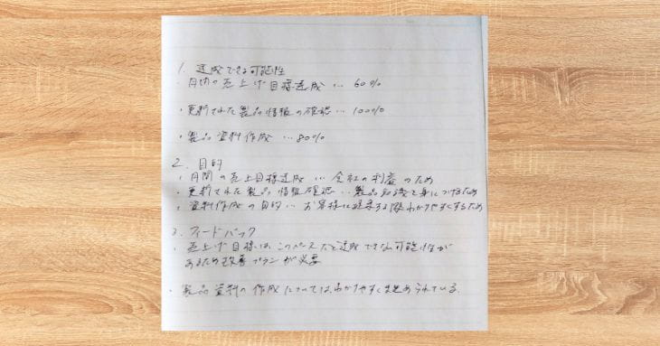 集中した状態になるために、一日の達成可能性と目的、フィードバックを書いたメモ