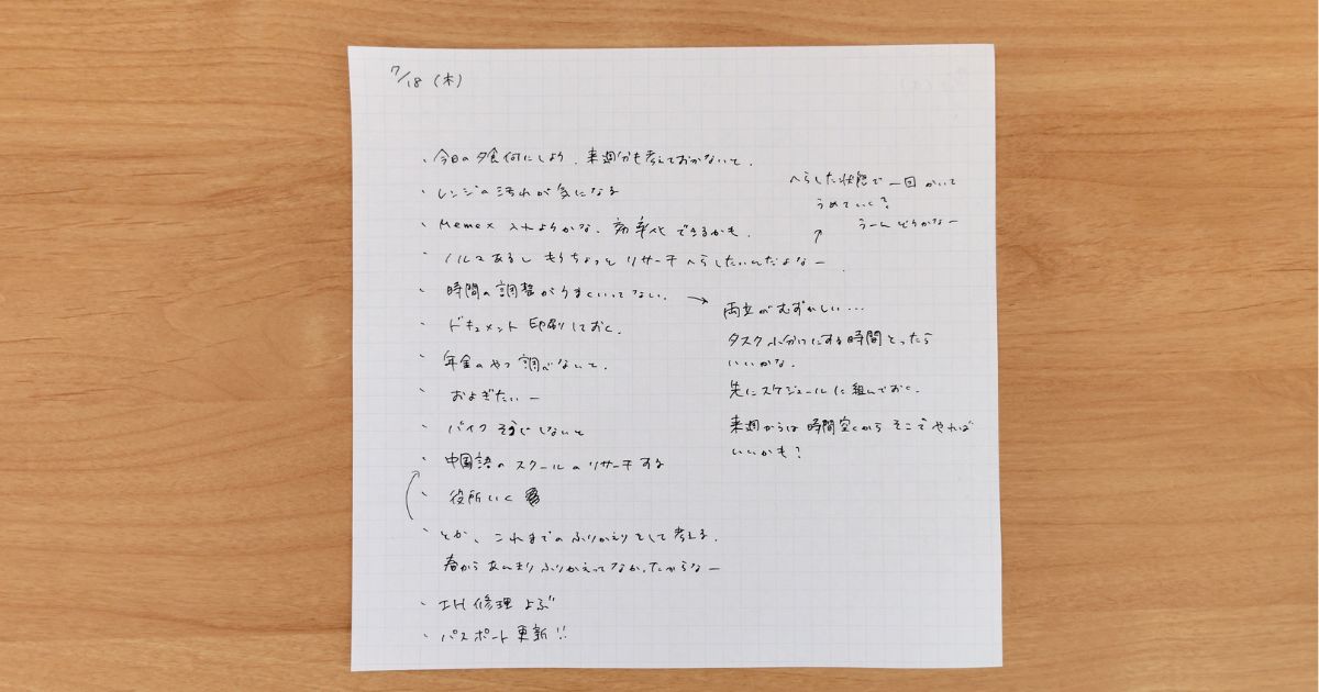 仕事についてブレインダンプをした紙