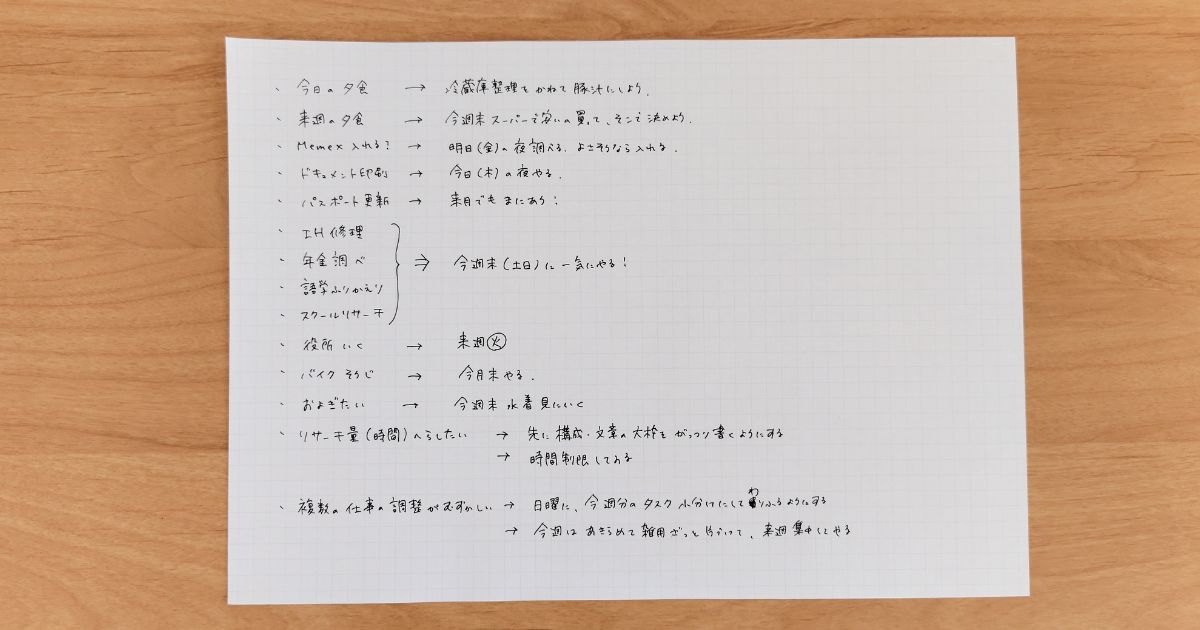 整理をしたあとの仕事についてのブレインダンプの紙