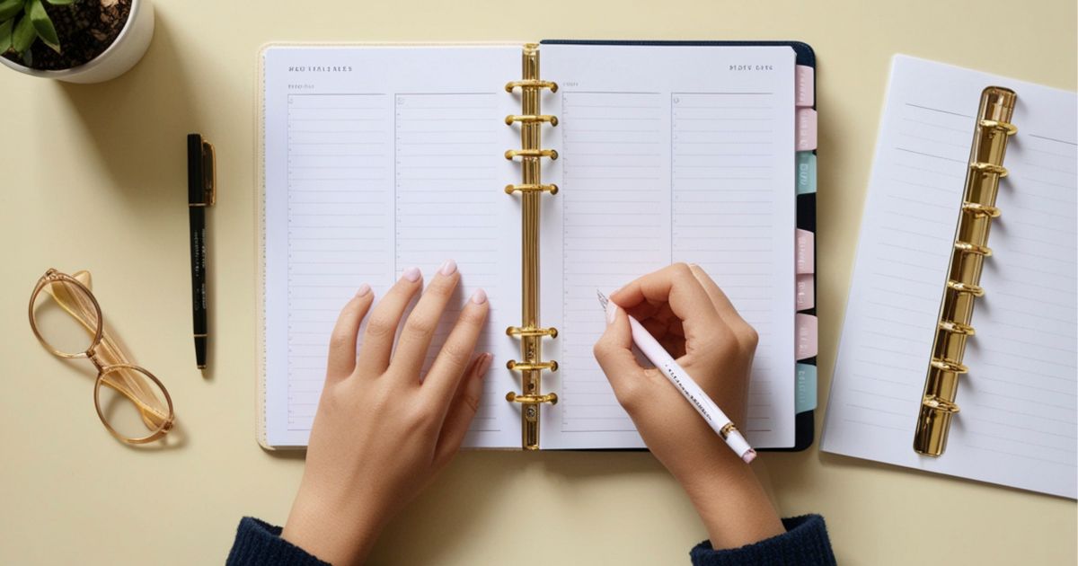スケジュール帳に、女性の手がペンで予定を書き込んでいる様子