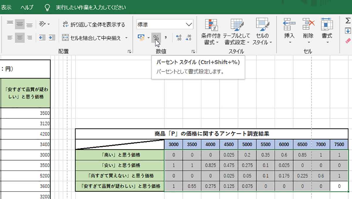 エクセルを使ったPSM分析8：数字を百分率で表示
