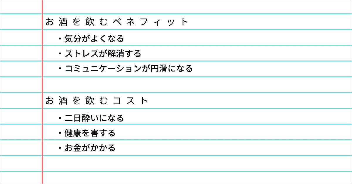 お酒を飲むベネフィットとコスト