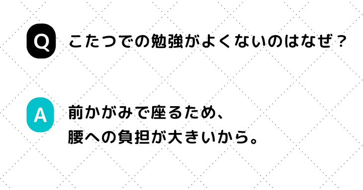 Q. こたつでの勉強がよくないのはなぜ？ A. 前かがみで座るため、腰への負担が大きいから。