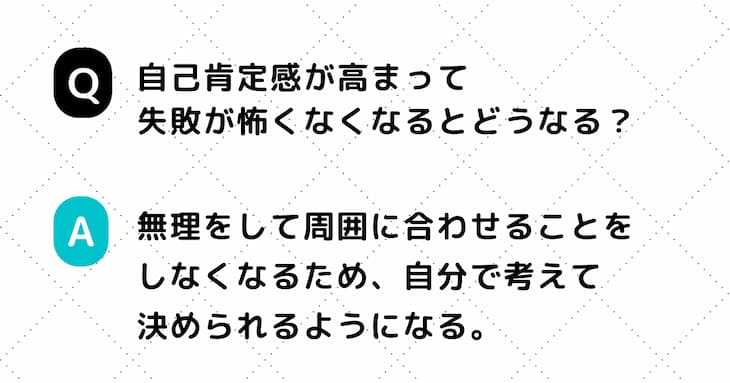 Q. 自己肯定感が高まって失敗が怖くなくなるとどうなる？　A. 無理をして周囲に合わせることをしなくなるため、自分で考えて決められるようになる。