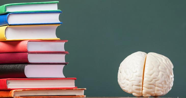 教卓の上に本と脳が置いてある
