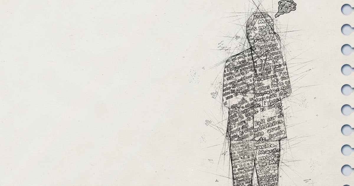 スケッチブックに鉛筆で描かれた、イライラしているビジネスパーソン