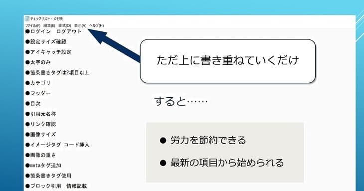 筆者がパソコンのメモ機能を使って書いたチェックリスト