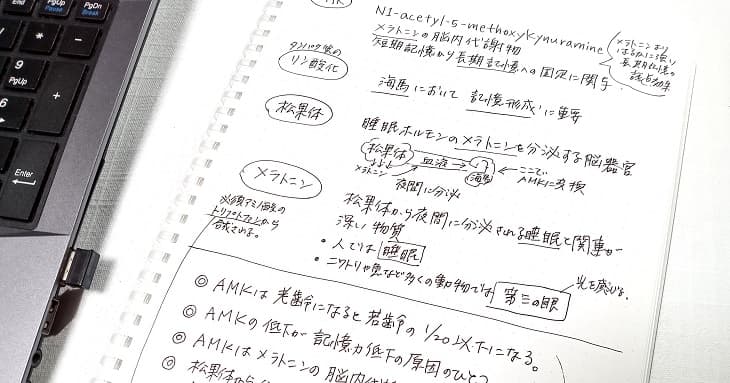 折り返しコンパクトサイズにしたノートをパソコン横に置いて活用