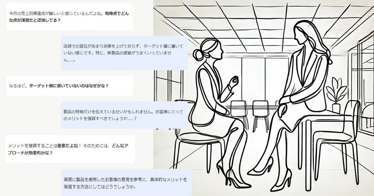 オフィスでチームメンバーに自発的な思考を促す質問をするリーダー