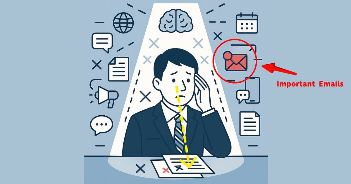大事なメールに気づかず、関係ないことに目を向けているビジネスパーソン