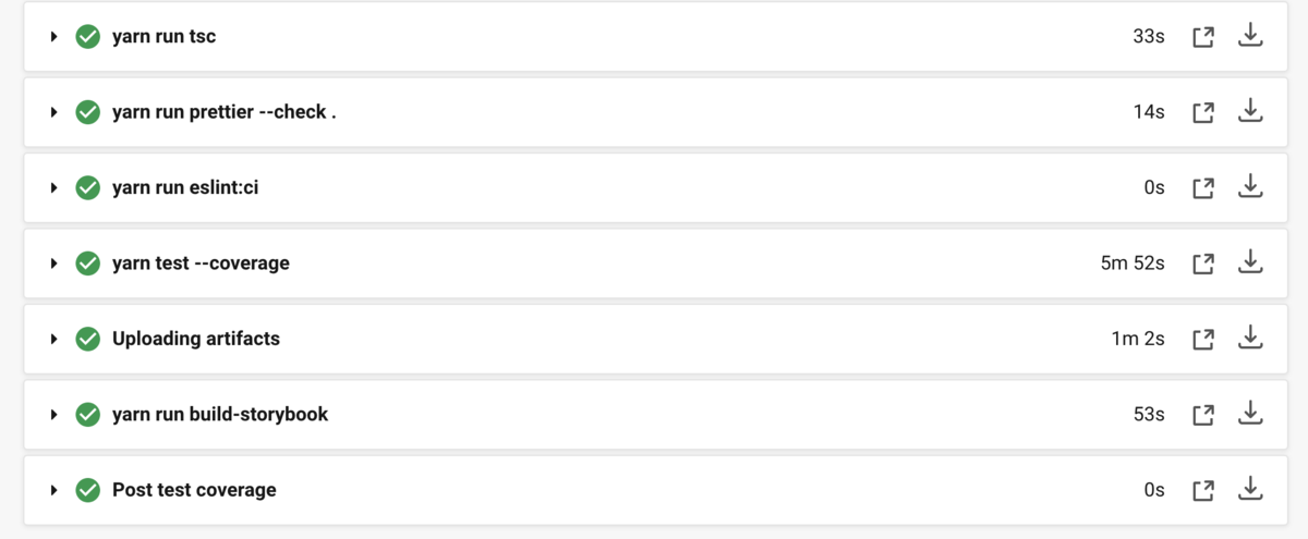 Circle CIの実行画面。tsc, prettier, eslint, jest, build-storybook, post test coverage